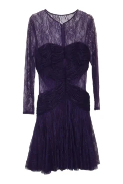 Purple semi-sheer polyester-blend lace long sleeve mini A-line dress with ruched trim appliqué