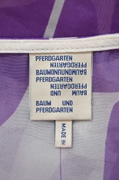 Purple semi-sheer polyester abstract graphic print pullover short sleeve blouse with chest patch pocket
