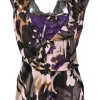 Purple silk abstract print bi-layer effect wrap sleeveless blouse with lace camisole insert