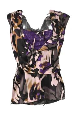 Purple silk abstract print bi-layer effect wrap sleeveless blouse with lace camisole insert