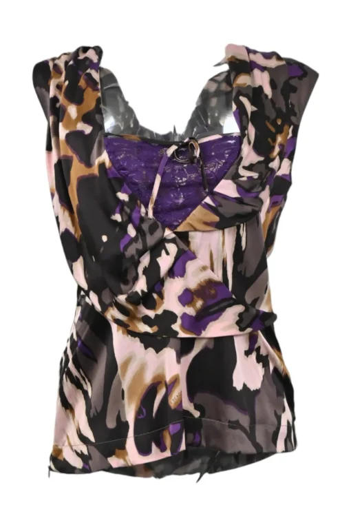 Purple silk abstract print bi-layer effect wrap sleeveless blouse with lace camisole insert