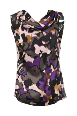 Purple silk abstract print bi-layer effect wrap sleeveless blouse with lace camisole insert