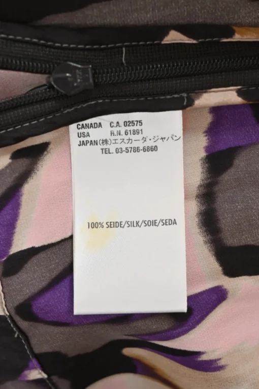 Purple silk abstract print bi-layer effect wrap sleeveless blouse with lace camisole insert