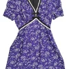 Purple silk floral jacquard puff sleeve empire-waist mini A-line dress with stacked bow bodice appliqué