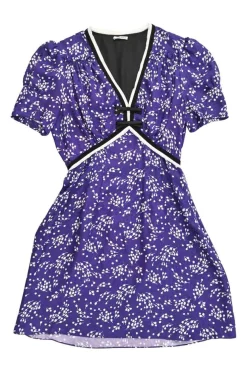 Purple silk floral jacquard puff sleeve empire-waist mini A-line dress with stacked bow bodice appliqué