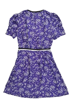 Purple silk floral jacquard puff sleeve empire-waist mini A-line dress with stacked bow bodice appliqué