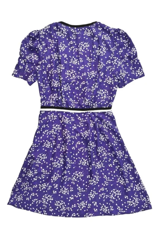 Purple silk floral jacquard puff sleeve empire-waist mini A-line dress with stacked bow bodice appliqué