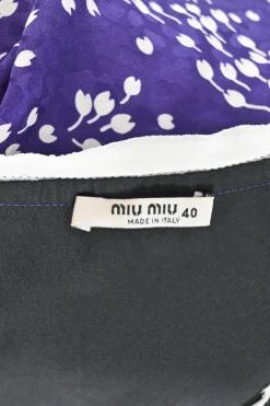 Purple silk floral jacquard puff sleeve empire-waist mini A-line dress with stacked bow bodice appliqué