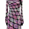 Purple silk jersey knit abstract graphic print long sleeve mini dress with self ribbon-tie neck fastening
