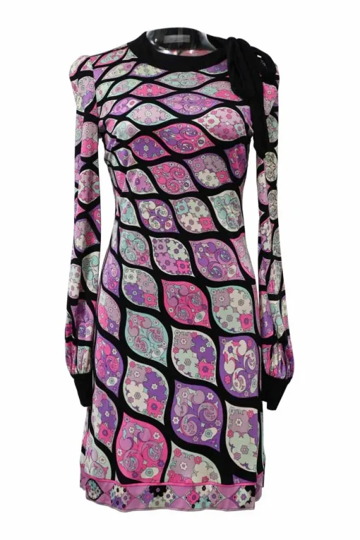 Purple silk jersey knit abstract graphic print long sleeve mini dress with self ribbon-tie neck fastening