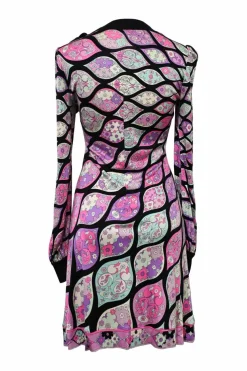 Purple silk jersey knit abstract graphic print long sleeve mini dress with self ribbon-tie neck fastening