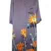 Purple silk satin floral print shift sack half-sleeve shirt dress with concealed front-button placket
