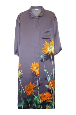 Purple silk satin floral print shift sack half-sleeve shirt dress with concealed front-button placket