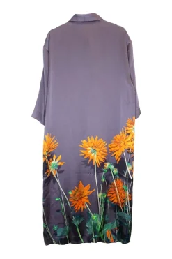 Purple silk satin floral print shift sack half-sleeve shirt dress with concealed front-button placket