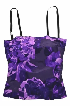Purple silk-blend floral print satin bustier zip-up top with adjustable spaghetti straps