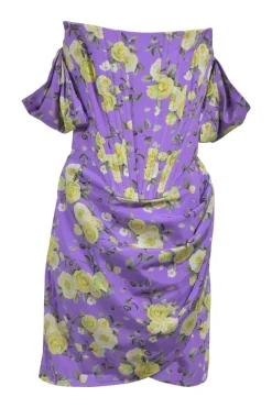Purple silk-blend floral print off-shoulder mini dress with corset bodice and and sarong-style ruched skirt. Worn by Emily, in Emily in Paris.