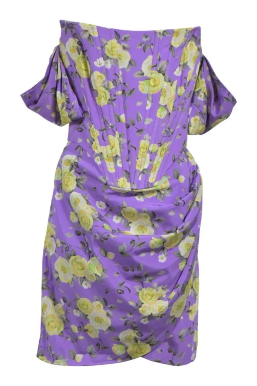 Purple silk-blend floral print off-shoulder mini dress with corset bodice and and sarong-style ruched skirt. Worn by Emily, in Emily in Paris.