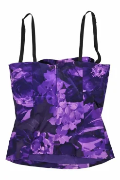 Purple silk-blend floral print satin bustier zip-up top with adjustable spaghetti straps