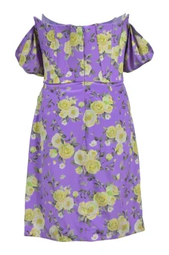 Purple silk-blend floral print off-shoulder mini dress with corset bodice and and sarong-style ruched skirt. Worn by Emily, in Emily in Paris.