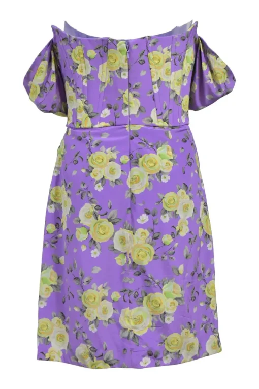 Purple silk-blend floral print off-shoulder mini dress with corset bodice and and sarong-style ruched skirt. Worn by Emily, in Emily in Paris.