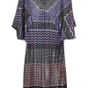 Purple striped viscose-blend fully-fashioned directional warp knit pointelle dolman sleeve tunic shift
