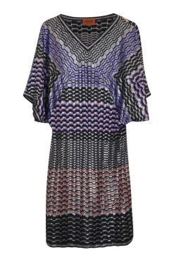 Purple striped viscose-blend fully-fashioned directional warp knit pointelle dolman sleeve tunic shift