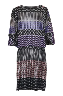 Purple striped viscose-blend fully-fashioned directional warp knit pointelle dolman sleeve tunic shift