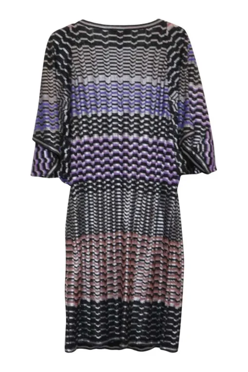 Purple striped viscose-blend fully-fashioned directional warp knit pointelle dolman sleeve tunic shift