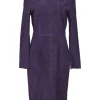 Purple suede stand collar wrap-front dress with button-loop fastening