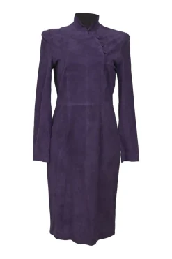 Purple suede stand collar wrap-front dress with button-loop fastening