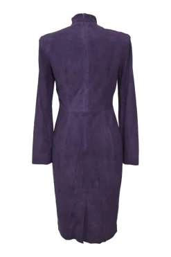 Purple suede stand collar wrap-front dress with button-loop fastening
