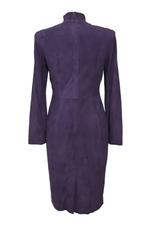 Purple suede stand collar wrap-front dress with button-loop fastening