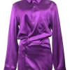 Purple twist-draped viscose satin point collar blouson-style shirt dress