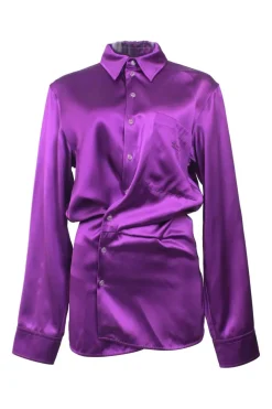Purple twist-draped viscose satin point collar blouson-style shirt dress