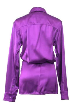 Purple twist-draped viscose satin point collar blouson-style shirt dress