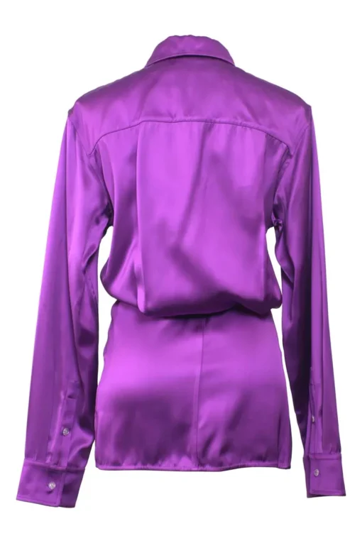 Purple twist-draped viscose satin point collar blouson-style shirt dress