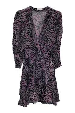 Purple viscose-blend devoré leopard-print velvet wrap-effect mini dress