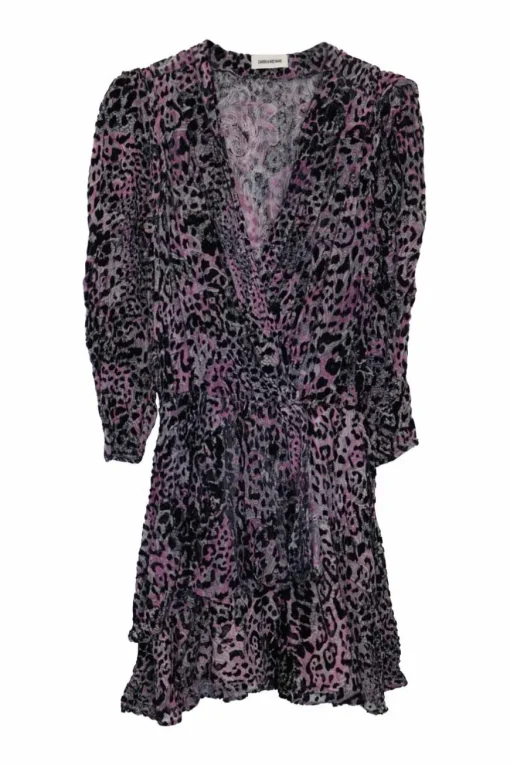 Purple viscose-blend devoré leopard-print velvet wrap-effect mini dress
