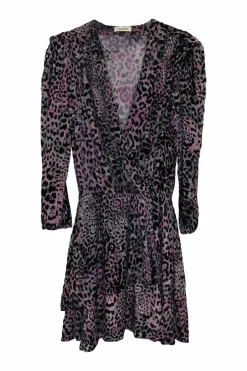 Purple viscose-blend devoré velvet leopard print wrap effect tiered mini dress
