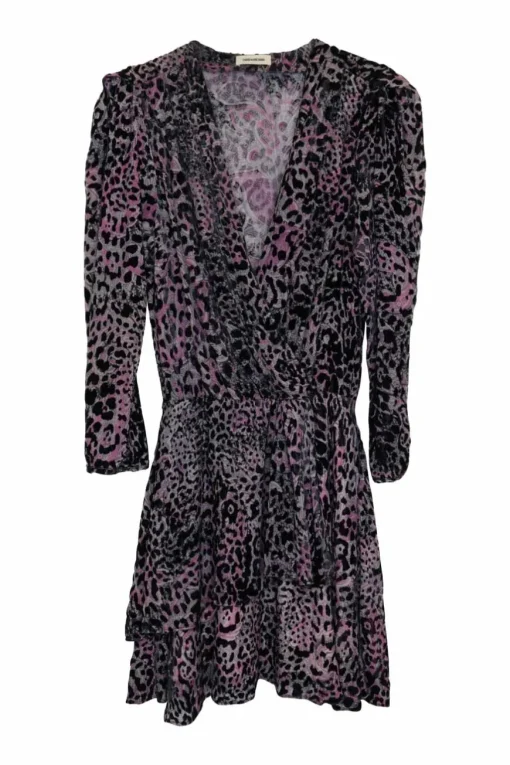 Purple viscose-blend devoré velvet leopard print wrap effect tiered mini dress