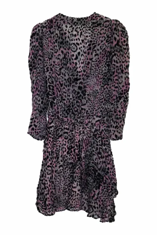 Purple viscose-blend devoré leopard-print velvet wrap-effect mini dress