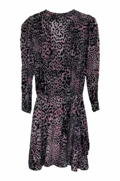Purple viscose-blend devoré velvet leopard print wrap effect tiered mini dress