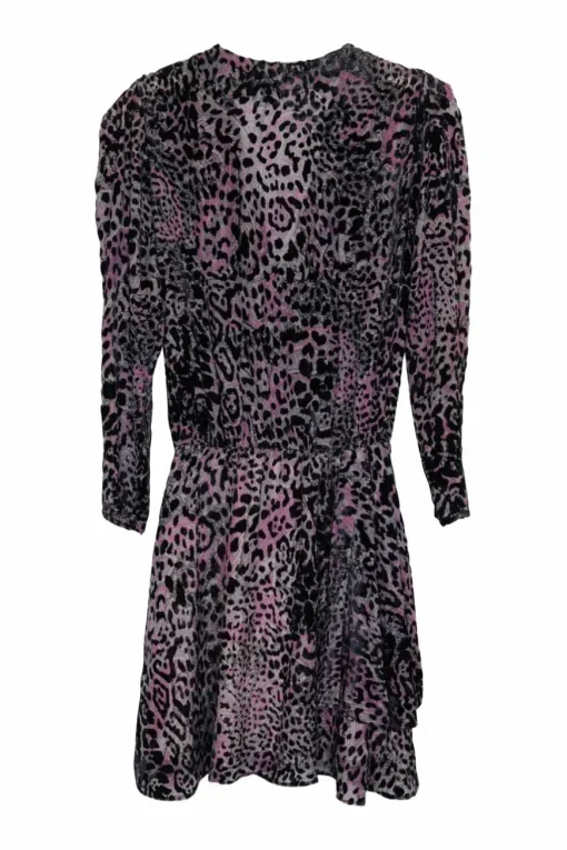 Purple viscose-blend devoré velvet leopard print wrap effect tiered mini dress