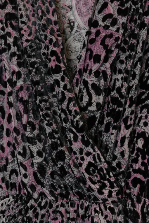 Purple viscose-blend devoré velvet leopard print wrap effect tiered mini dress