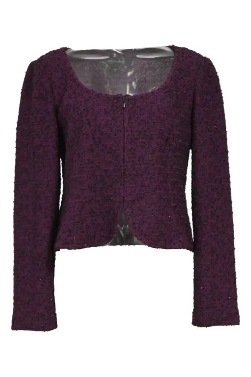 Purple wool-blend bouclé tweed scoop neck zip-up tailored top