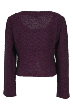 Purple wool-blend bouclé tweed scoop neck zip-up tailored top