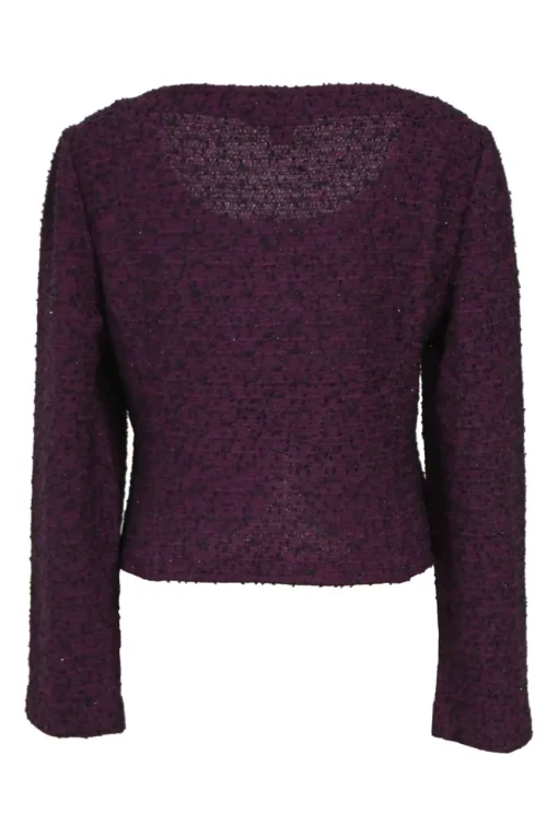 Purple wool-blend bouclé tweed scoop neck zip-up tailored top