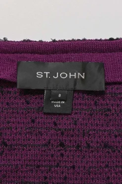 Purple wool-blend bouclé tweed scoop neck zip-up tailored top