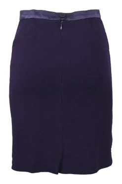 Purple wool-blend pull-on knee-length pencil skirt with tonal satin waistband