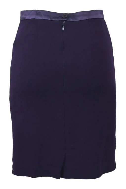 Purple wool-blend pull-on knee-length pencil skirt with tonal satin waistband